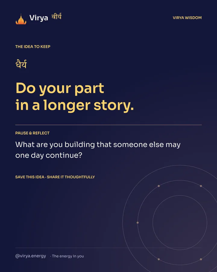 Indigo and gold Virya card. Do your part in a longer story. Pause and reflect: What are you building that someone else may one day continue?