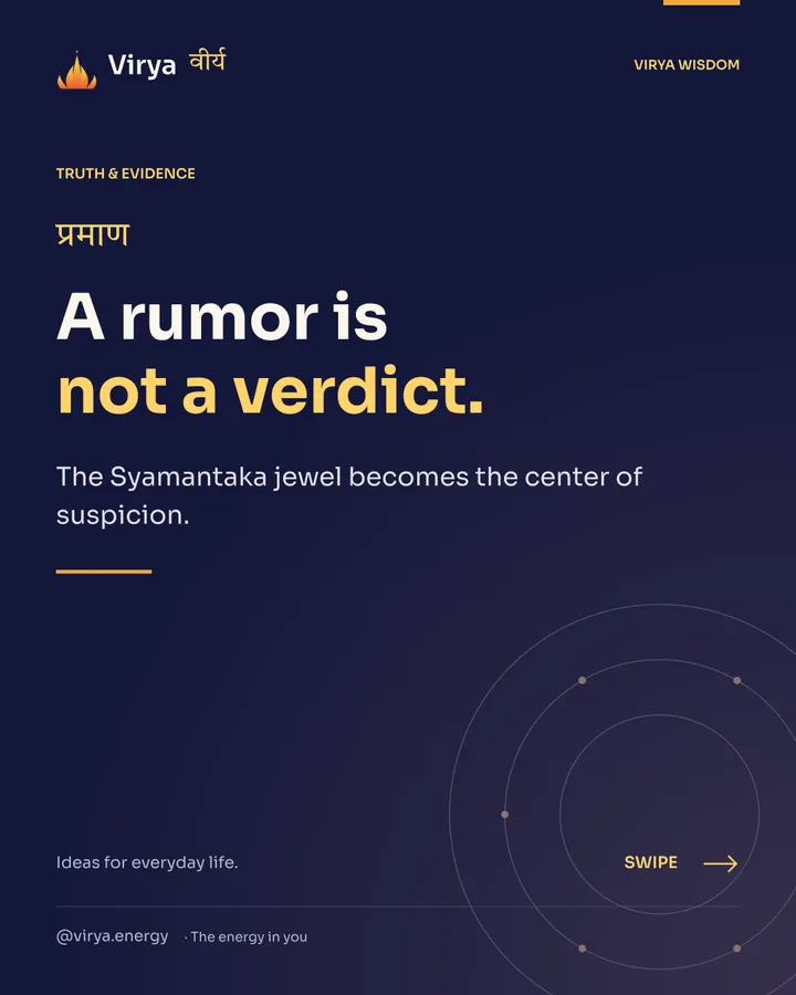 Indigo and gold Virya cover with the full lotus mark. A rumor is not a verdict. The Syamantaka jewel becomes the center of suspicion.