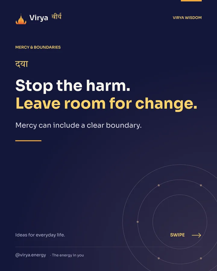 Indigo and gold Virya cover with the full lotus mark. Stop the harm. Leave room for change. Mercy can include a clear boundary.