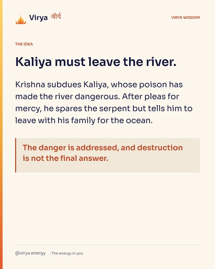 Kaliya must leave the river. Krishna subdues Kaliya, whose poison has made the river dangerous. After pleas for mercy, he spares the serpent but tells him to leave with his family for the ocean. The danger is addressed, and destruction is not the final answer.