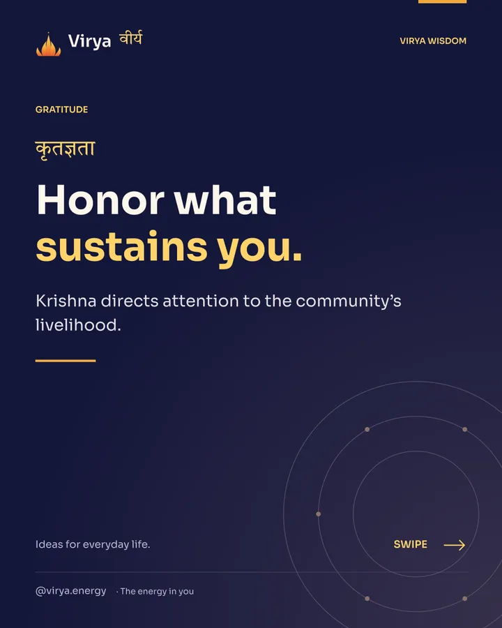 Indigo and gold Virya cover with the full lotus mark. Honor what sustains you. Krishna directs attention to the community’s livelihood.