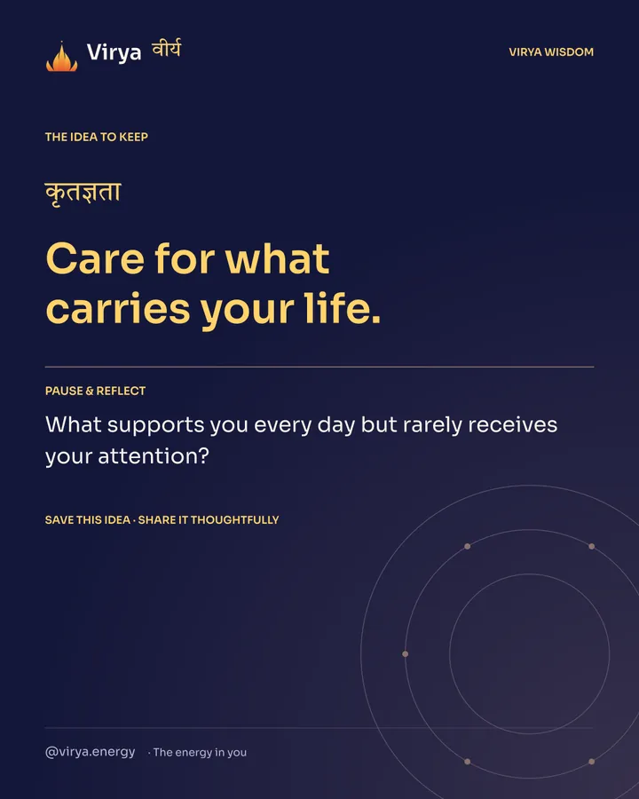 Indigo and gold Virya card. Care for what carries your life. Pause and reflect: What supports you every day but rarely receives your attention?
