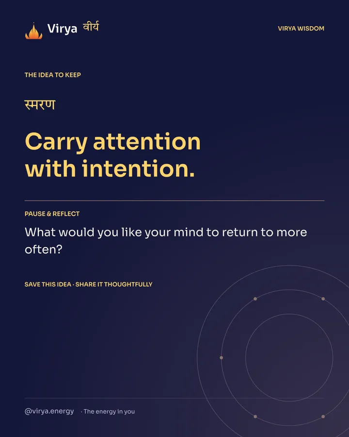 Indigo and gold Virya card. Carry attention with intention. Pause and reflect: What would you like your mind to return to more often?