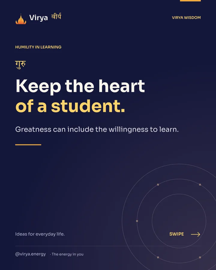 Indigo and gold Virya cover with the full lotus mark. Keep the heart of a student. Greatness can include the willingness to learn.