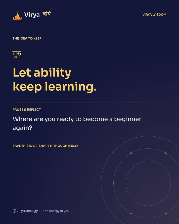 Indigo and gold Virya card. Let ability keep learning. Pause and reflect: Where are you ready to become a beginner again?