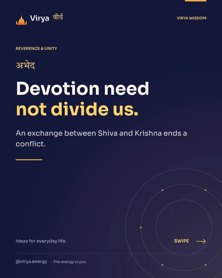 Indigo and gold Virya cover with the full lotus mark. Devotion need not divide us. An exchange between Shiva and Krishna ends a conflict.