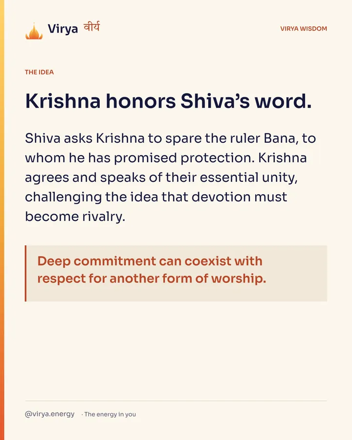 Krishna honors Shiva’s word. Shiva asks Krishna to spare the ruler Bana, to whom he has promised protection. Krishna agrees and speaks of their essential unity, challenging the idea that devotion must become rivalry. Deep commitment can coexist with respect for another form of worship.