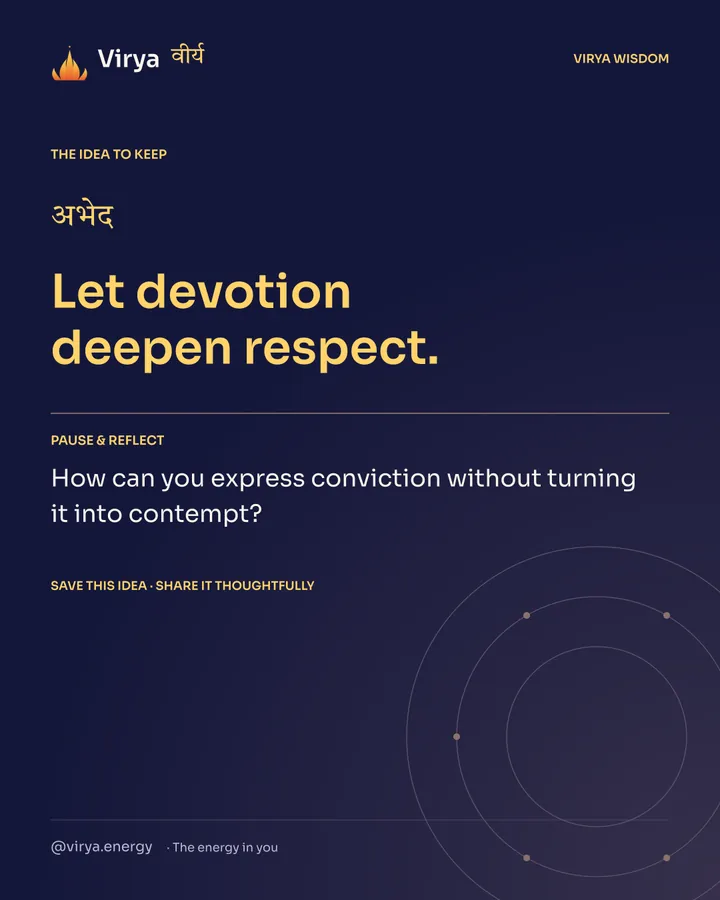 Indigo and gold Virya card. Let devotion deepen respect. Pause and reflect: How can you express conviction without turning it into contempt?