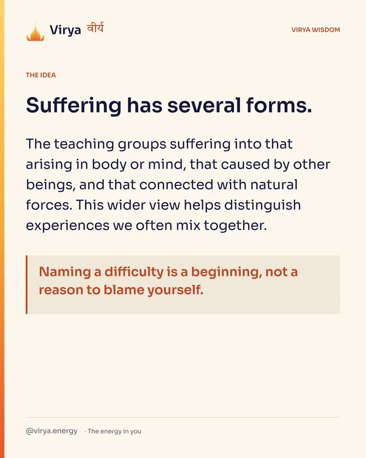 Suffering has several forms. The teaching groups suffering into that arising in body or mind, that caused by other beings, and that connected with natural forces. This wider view helps distinguish experiences we often mix together. Naming a difficulty is a beginning, not a reason to blame yourself.