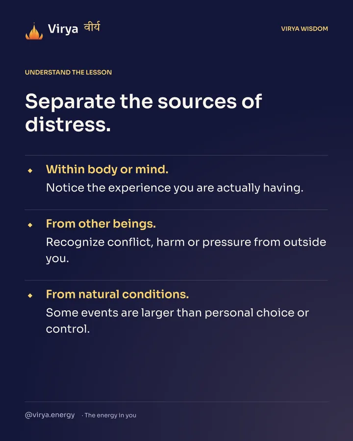 Separate the sources of distress. Within body or mind. Notice the experience you are actually having. From other beings. Recognize conflict, harm or pressure from outside you. From natural conditions. Some events are larger than personal choice or control.