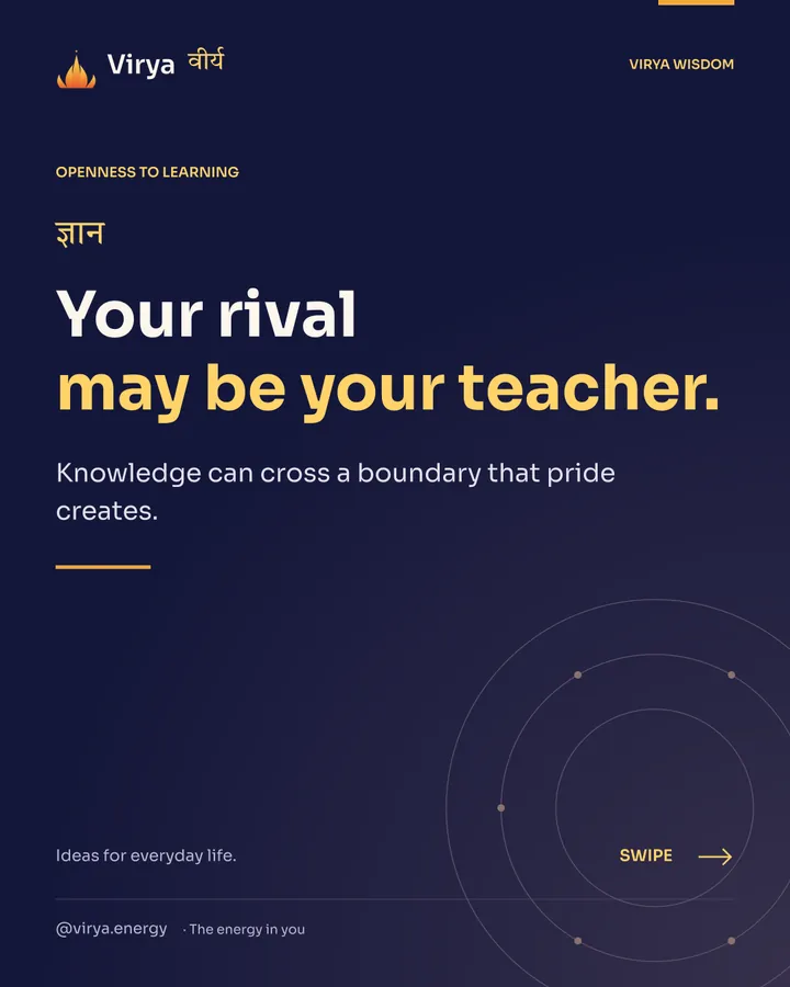 Indigo and gold Virya cover with the full lotus mark. Your rival may be your teacher. Knowledge can cross a boundary that pride creates.
