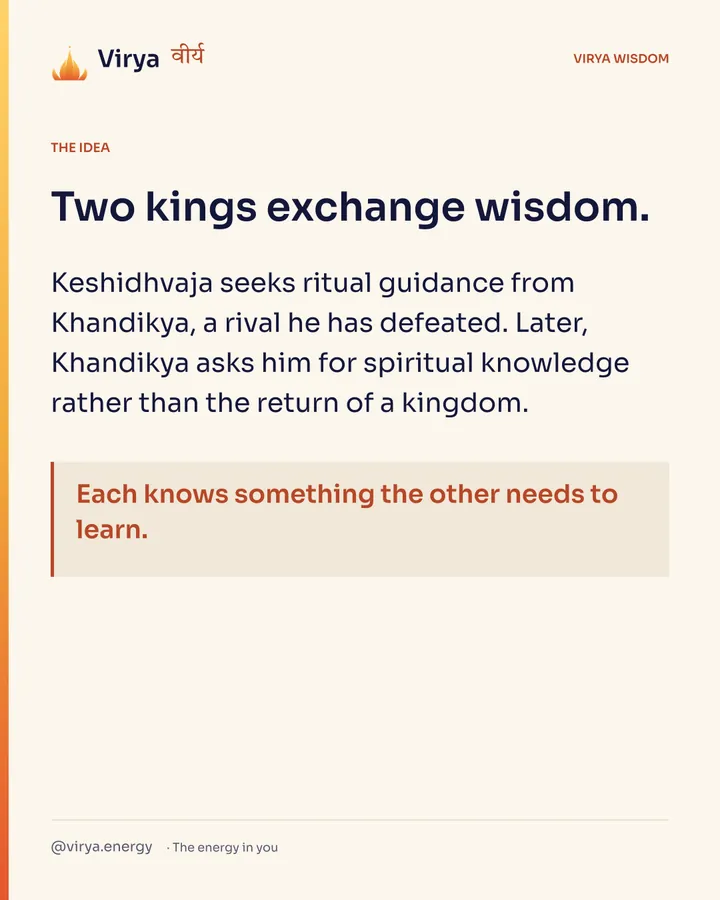 Two kings exchange wisdom. Keshidhvaja seeks ritual guidance from Khandikya, a rival he has defeated. Later, Khandikya asks him for spiritual knowledge rather than the return of a kingdom. Each knows something the other needs to learn.