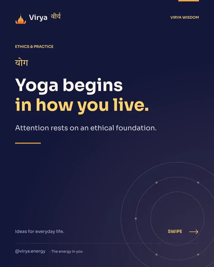 Indigo and gold Virya cover with the full lotus mark. Yoga begins in how you live. Attention rests on an ethical foundation.