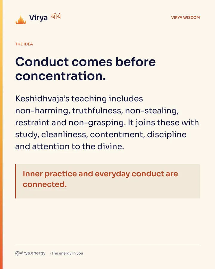 Conduct comes before concentration. Keshidhvaja’s teaching includes non-harming, truthfulness, non-stealing, restraint and non-grasping. It joins these with study, cleanliness, contentment, discipline and attention to the divine. Inner practice and everyday conduct are connected.