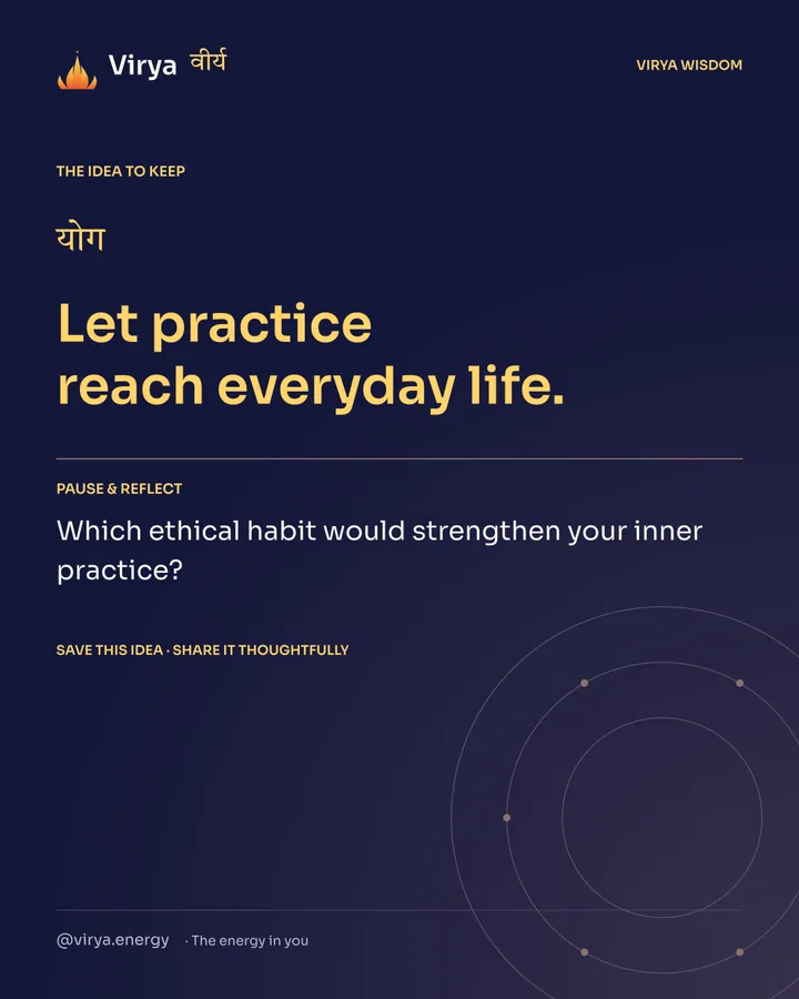 Indigo and gold Virya card. Let practice reach everyday life. Pause and reflect: Which ethical habit would strengthen your inner practice?