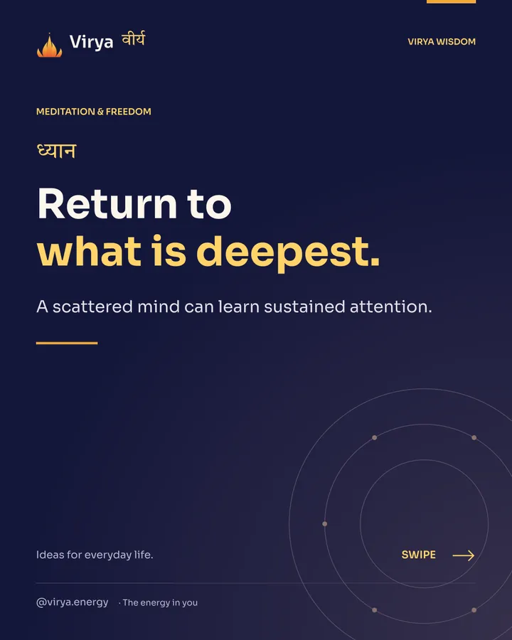 Indigo and gold Virya cover with the full lotus mark. Return to what is deepest. A scattered mind can learn sustained attention.