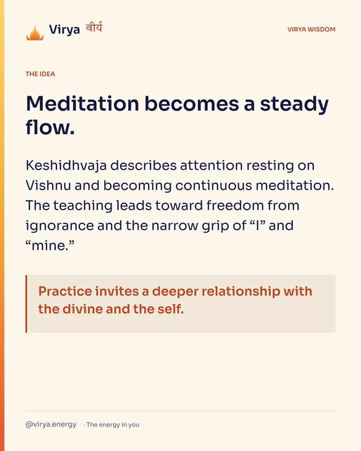 Meditation becomes a steady flow. Keshidhvaja describes attention resting on Vishnu and becoming continuous meditation. The teaching leads toward freedom from ignorance and the narrow grip of “I” and “mine.” Practice invites a deeper relationship with the divine and the self.