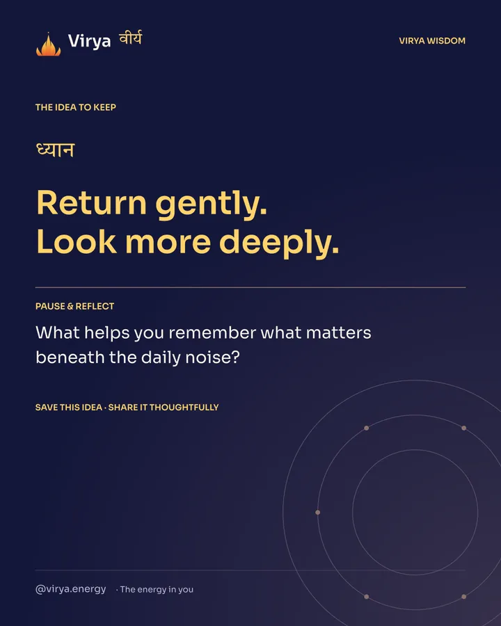 Indigo and gold Virya card. Return gently. Look more deeply. Pause and reflect: What helps you remember what matters beneath the daily noise?