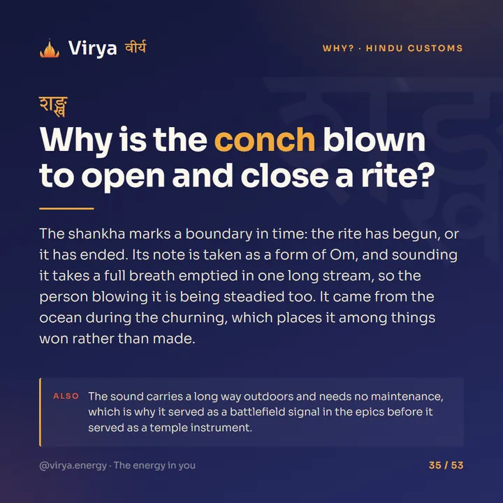 Why is the conch blown to open and close a rite?