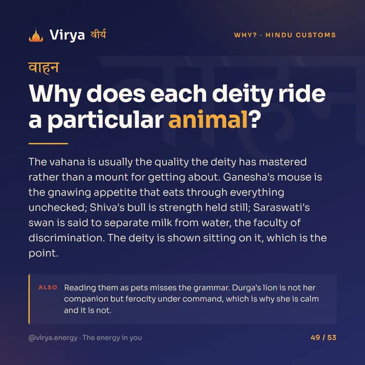 Why does each deity ride a particular animal?