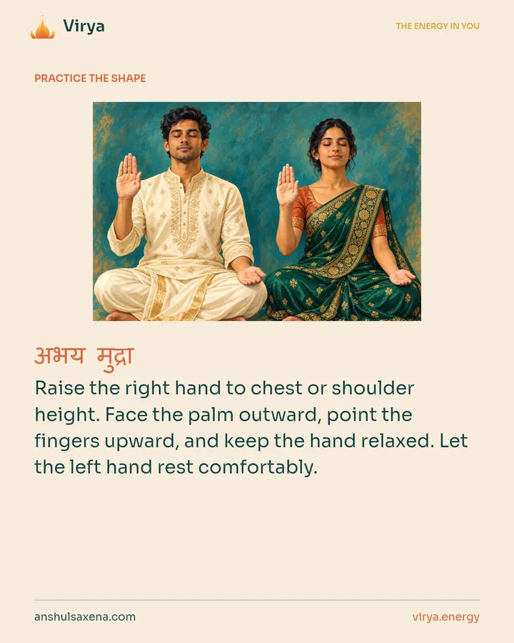 HOW TO PRACTICE. Raise the right hand to chest or shoulder height. Face the palm outward, point the fingers upward, and keep the hand relaxed. Let the left hand rest comfortably.