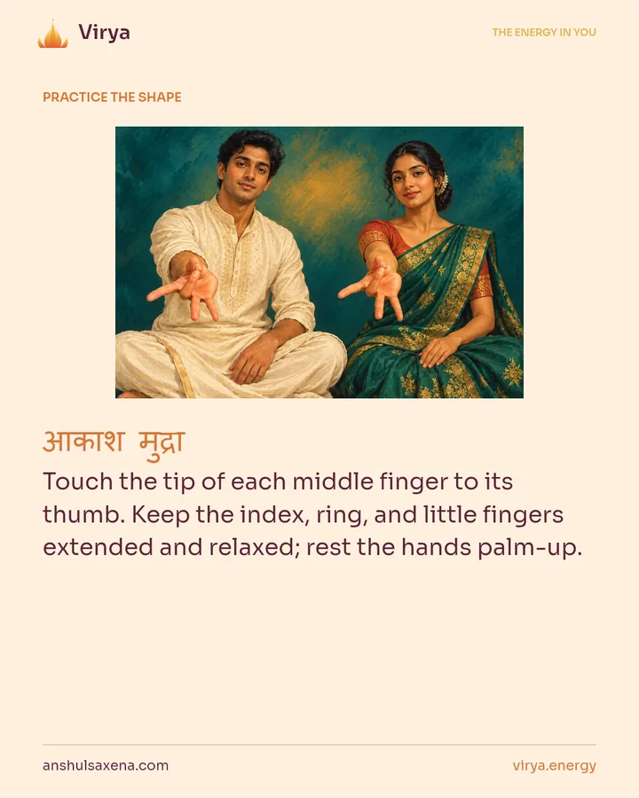 HOW TO PRACTICE. Touch the tip of each middle finger to its thumb. Keep the index, ring, and little fingers extended and relaxed; rest the hands palm-up.