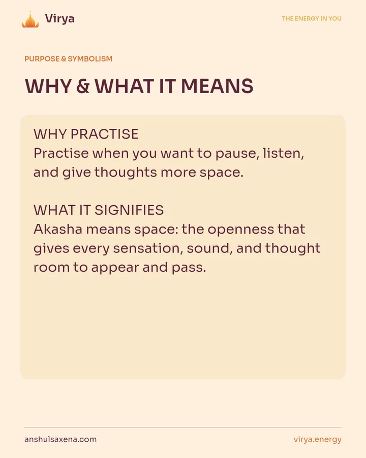 WHY & WHAT IT MEANS. WHY PRACTICE Practice when you want to pause, listen, and give thoughts more space. WHAT IT SIGNIFIES Akasha means space: the openness that gives every sensation, sound, and thought room to appear and pass.