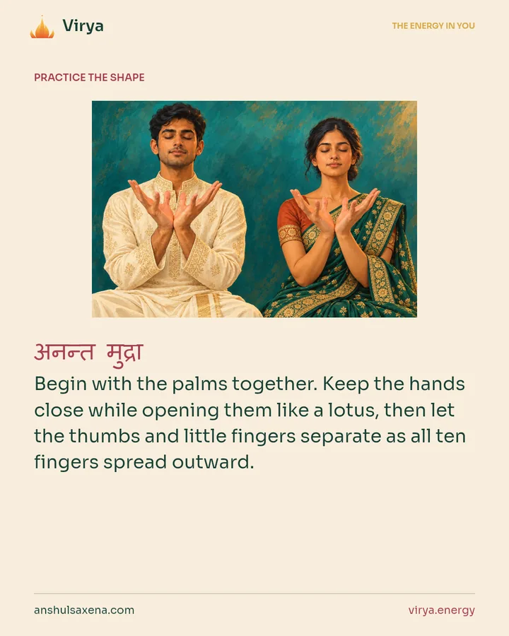 HOW TO PRACTICE. Begin with the palms together. Keep the hands close while opening them like a lotus, then let the thumbs and little fingers separate as all ten fingers spread outward.