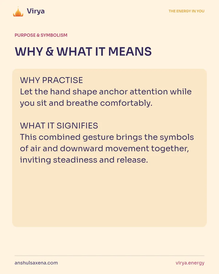 WHY & WHAT IT MEANS. WHY PRACTICE Let the hand shape anchor attention while you sit and breathe comfortably. WHAT IT SIGNIFIES This combined gesture brings the symbols of air and downward movement together, inviting steadiness and release.