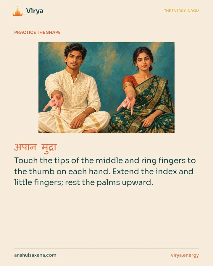 HOW TO PRACTICE. Touch the tips of the middle and ring fingers to the thumb on each hand. Extend the index and little fingers; rest the palms upward.