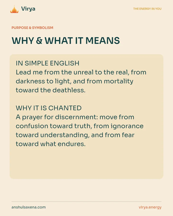 WHY & WHAT IT MEANS. IN SIMPLE ENGLISH Lead me from the unreal to the real, from darkness to light, and from mortality toward the deathless. WHY IT IS CHANTED A prayer for discernment: move from confusion toward truth, from ignorance toward understanding, and from fear toward what endures.