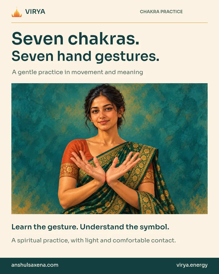 Young adult Indian woman in an embroidered emerald silk saree holds her hands open like a flower.