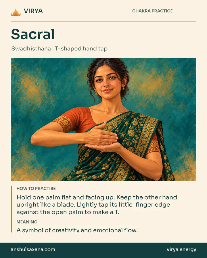 Sacral: T-shaped hand tap. Hold one palm flat and facing up. Keep the other hand upright like a blade. Lightly tap its little-finger edge against the open palm to make a T. A symbol of creativity and emotional flow.