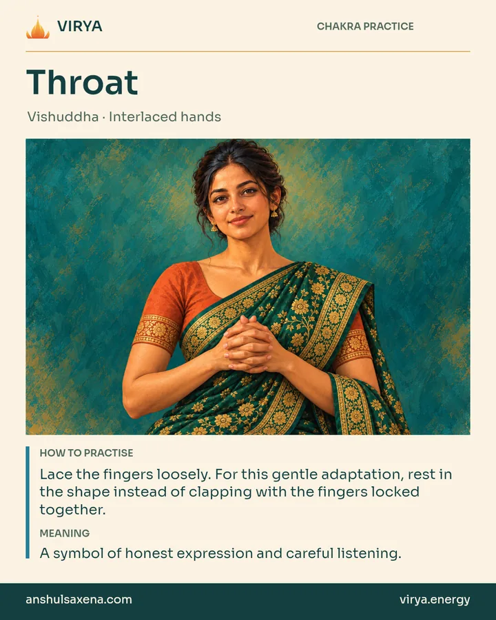 Throat: Interlaced hands. Lace the fingers loosely. For this gentle adaptation, rest in the shape instead of clapping with the fingers locked together. A symbol of honest expression and careful listening.