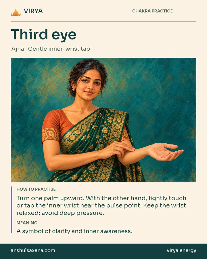 Third eye: Gentle inner-wrist tap. Turn one palm upward. With the other hand, lightly touch or tap the inner wrist near the pulse point. Keep the wrist relaxed; avoid deep pressure. A symbol of clarity and inner awareness.