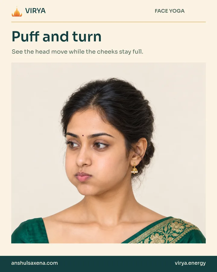 Fictional young adult Indian woman in an embroidered emerald silk saree demonstrates Puff and turn.