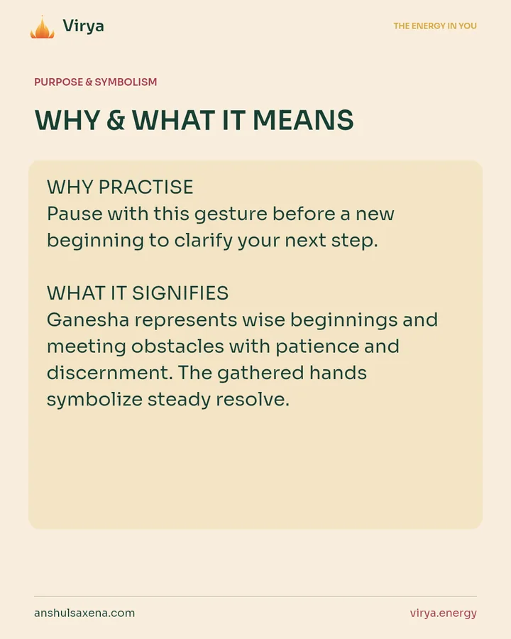 WHY & WHAT IT MEANS. WHY PRACTICE Pause with this gesture before a new beginning to clarify your next step. WHAT IT SIGNIFIES Ganesha represents wise beginnings and meeting obstacles with patience and discernment. The gathered hands symbolize steady resolve.