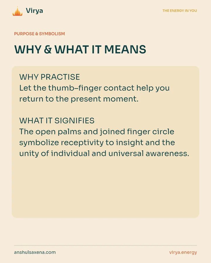WHY & WHAT IT MEANS. WHY PRACTICE Let the thumb-to-finger contact help you return to the present moment. WHAT IT SIGNIFIES The open palms and joined finger circle symbolize receptivity to insight and the unity of individual and universal awareness.