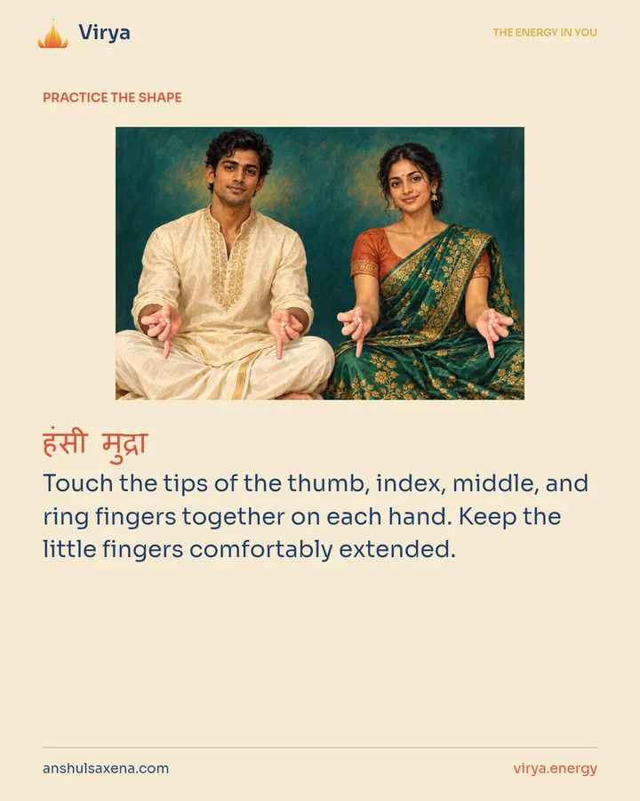 HOW TO PRACTICE. Touch the tips of the thumb, index, middle, and ring fingers together on each hand. Keep the little fingers comfortably extended.
