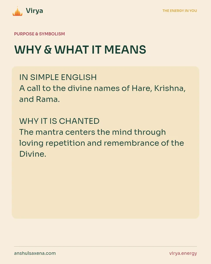 WHY & WHAT IT MEANS. IN SIMPLE ENGLISH A call to the divine names of Hare, Krishna, and Rama. WHY IT IS CHANTED The mantra centers the mind through loving repetition and remembrance of the Divine.