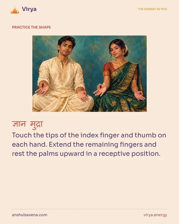 HOW TO PRACTICE. Touch the tips of the index finger and thumb on each hand. Extend the remaining fingers and rest the palms upward in a receptive position.