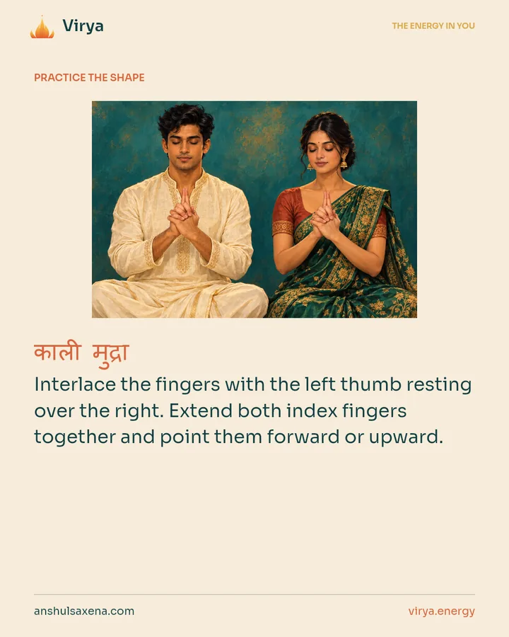 HOW TO PRACTICE. Interlace the fingers with the left thumb resting over the right. Extend both index fingers together and point them forward or upward.