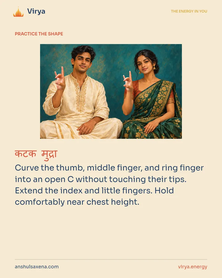HOW TO PRACTICE. Curve the thumb, middle finger, and ring finger into an open C without touching their tips. Extend the index and little fingers. Hold comfortably near chest height.