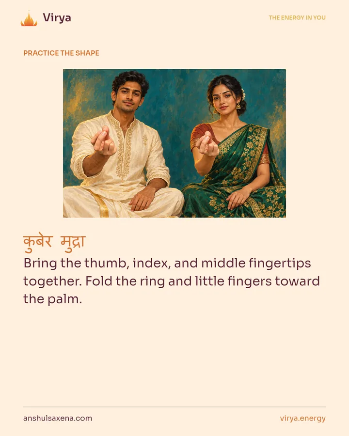 HOW TO PRACTICE. Bring the thumb, index, and middle fingertips together. Fold the ring and little fingers toward the palm.