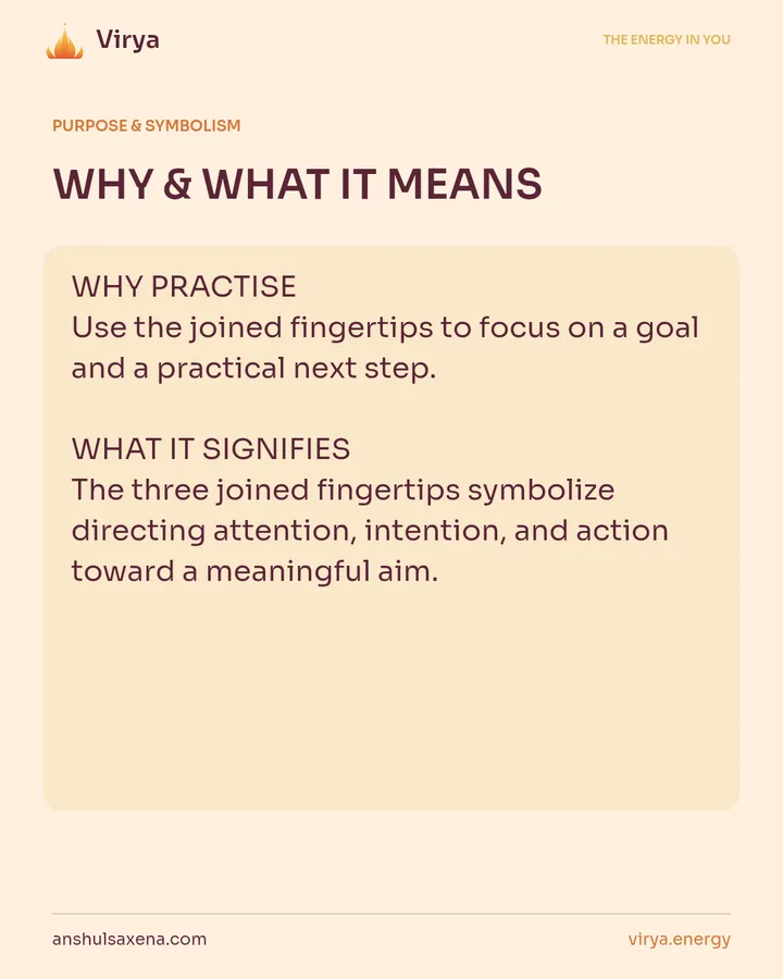WHY & WHAT IT MEANS. WHY PRACTICE Use the joined fingertips to focus on a goal and a practical next step. WHAT IT SIGNIFIES The three joined fingertips symbolize directing attention, intention, and action toward a meaningful aim.