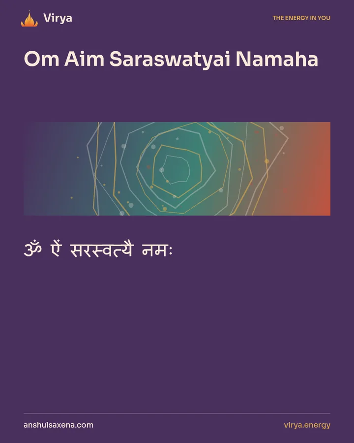 Om Aim Saraswatyai Namaha. ॐ ऐं सरस्वत्यै नमः.