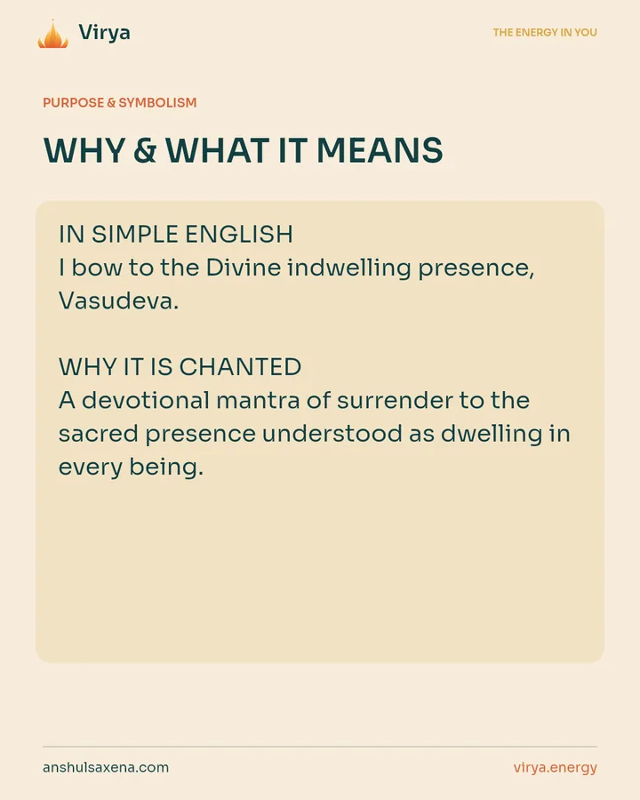 WHY & WHAT IT MEANS. IN SIMPLE ENGLISH I bow to the Divine indwelling presence, Vasudeva. WHY IT IS CHANTED A devotional mantra of surrender to the sacred presence understood as dwelling in every being.