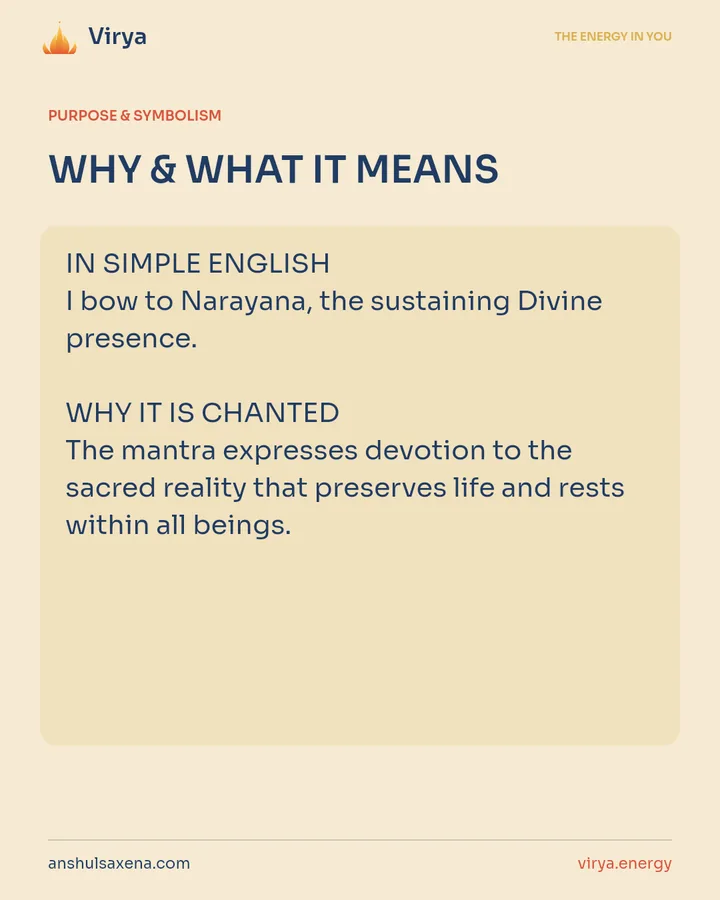 WHY & WHAT IT MEANS. IN SIMPLE ENGLISH I bow to Narayana, the sustaining Divine presence. WHY IT IS CHANTED The mantra expresses devotion to the sacred reality that preserves life and rests within all beings.