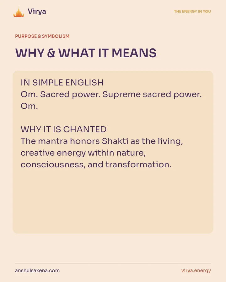 WHY & WHAT IT MEANS. IN SIMPLE ENGLISH Om. Sacred power. Supreme sacred power. Om. WHY IT IS CHANTED The mantra honors Shakti as the living, creative energy within nature, consciousness, and transformation.