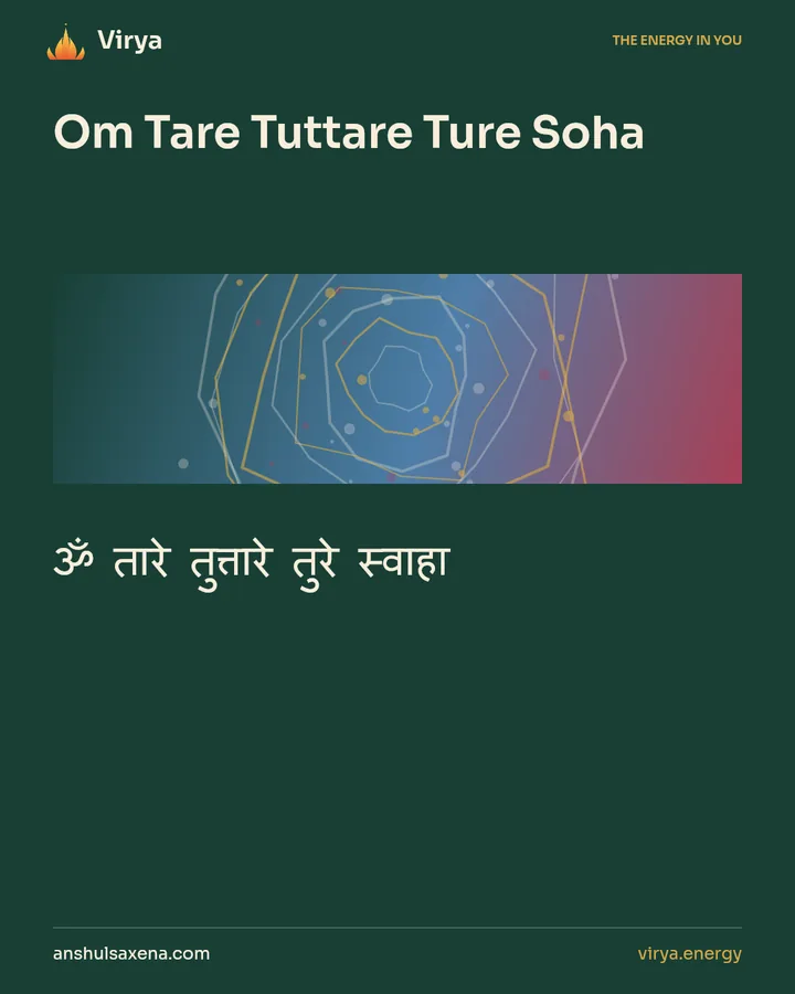 Om Tare Tuttare Ture Soha. ॐ तारे तुत्तारे तुरे स्वाहा.